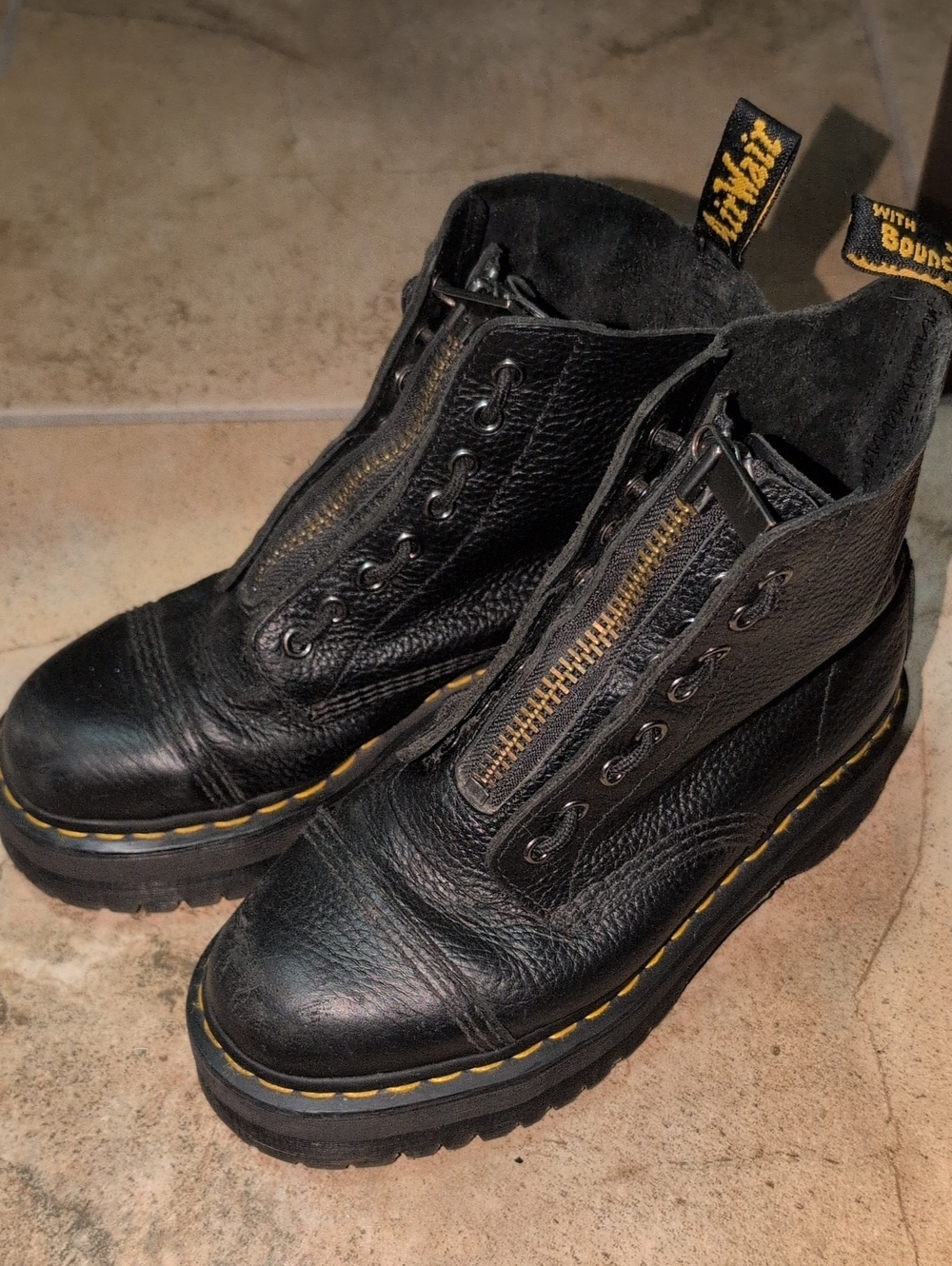 Dr. Martens Black Leather Lace-Up Combat Boots with Yellow Stitching